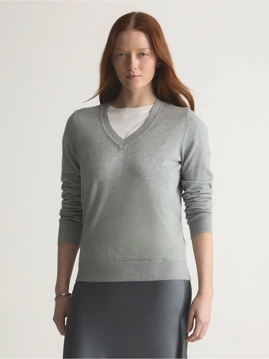 Quince Sweaters - Quince Light Gray V-Neck Cotton  Cashmere Sweater